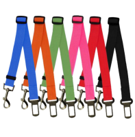 Red adjustable car safety belt for dogs with a metal seatbelt buckle and a silver swivel snap hook. - Image 3