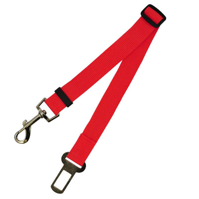 Red adjustable car safety belt for dogs with a metal seatbelt buckle and a silver swivel snap hook. - Image 5