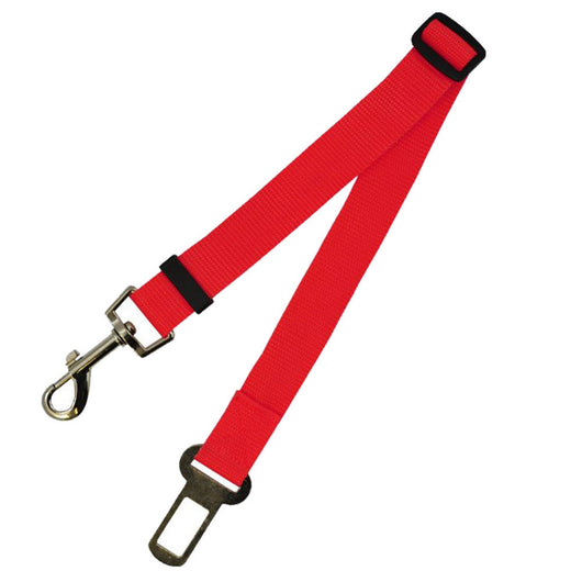 Red adjustable car safety belt for dogs with a metal seatbelt buckle and a silver swivel snap hook. - Image 5
