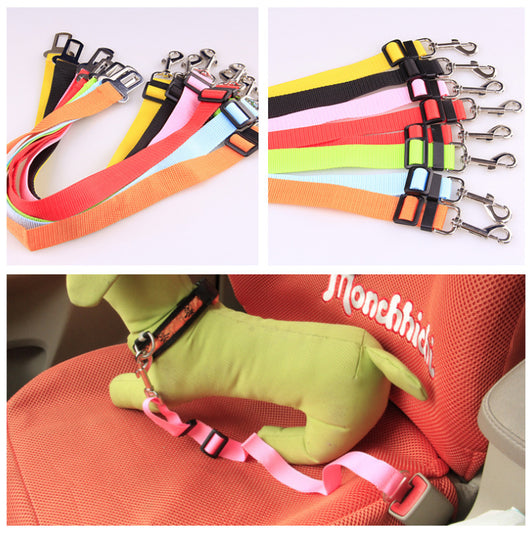 Red adjustable car safety belt for dogs with a metal seatbelt buckle and a silver swivel snap hook. - Image 4