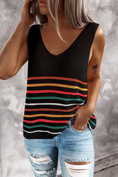 Suéter Chaleco Tejido Mujer Rayas Multicolor Cuello V Blusa Pullover - Image 8