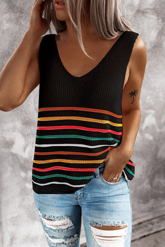 Suéter Chaleco Tejido Mujer Rayas Multicolor Cuello V Blusa Pullover - Image 8