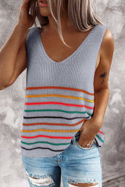 Suéter Chaleco Tejido Mujer Rayas Multicolor Cuello V Blusa Pullover - Image 11