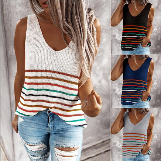 Suéter Chaleco Tejido Mujer Rayas Multicolor Cuello V Blusa Pullover - Image 9
