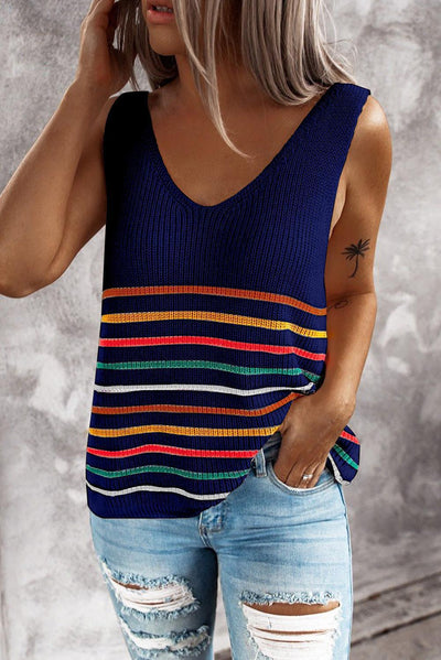 Suéter Chaleco Tejido Mujer Rayas Multicolor Cuello V Blusa Pullover - Image 10