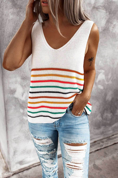 Suéter Chaleco Tejido Mujer Rayas Multicolor Cuello V Blusa Pullover - Image 2