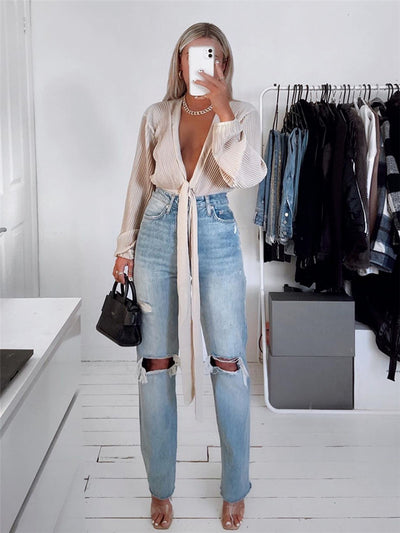 Jeans Rectos Talle Alto Slim Rotos - Image 8