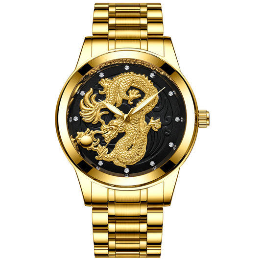 Reloj de Pareja Dragón y Fénix en Oro Amarillo, Cuarzo y Acero - Image 2