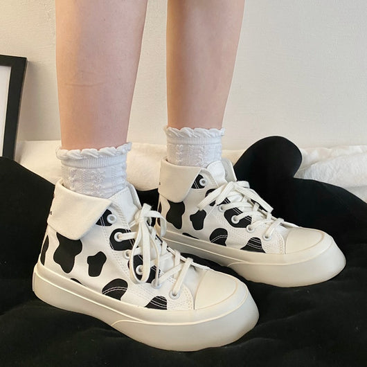 Zapatillas Altas de Lona para Niñas con Estampado de Manchas de Vaca