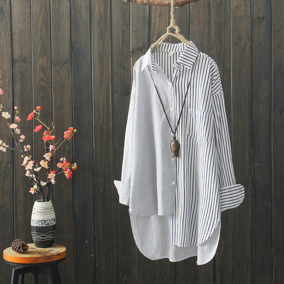Blusa de Algodón con Bajo Irregular y Rayas Literarias