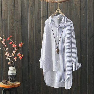 Blusa de Algodón con Bajo Irregular y Rayas Literarias