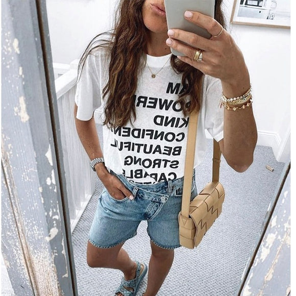 Playera Y2K Blanca Estampada para Mujer - Algodón Puro Cuello Redondo
