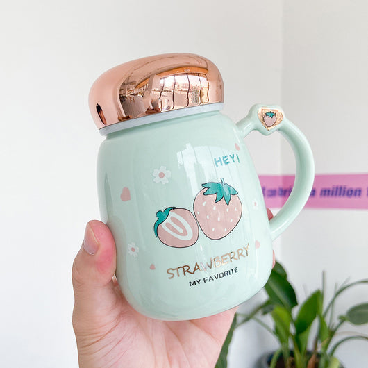 Taza Cerámica Fresa Coreana Lindo con Tapa Espejo Sellada - Image 8