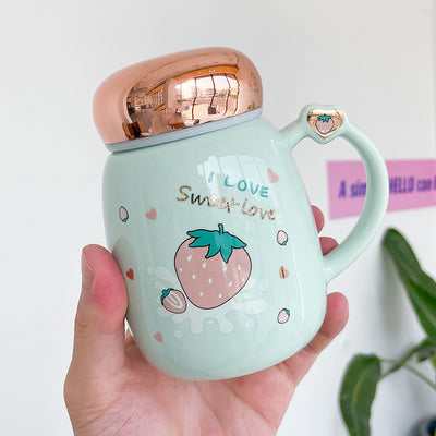 Taza Cerámica Fresa Coreana Lindo con Tapa Espejo Sellada - Image 9