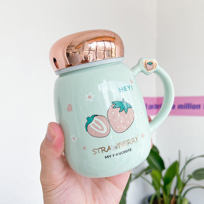 Taza Cerámica Fresa Coreana Lindo con Tapa Espejo Sellada - Image 4