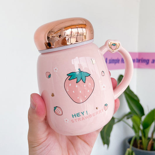 Taza Cerámica Fresa Coreana Lindo con Tapa Espejo Sellada - Image 2