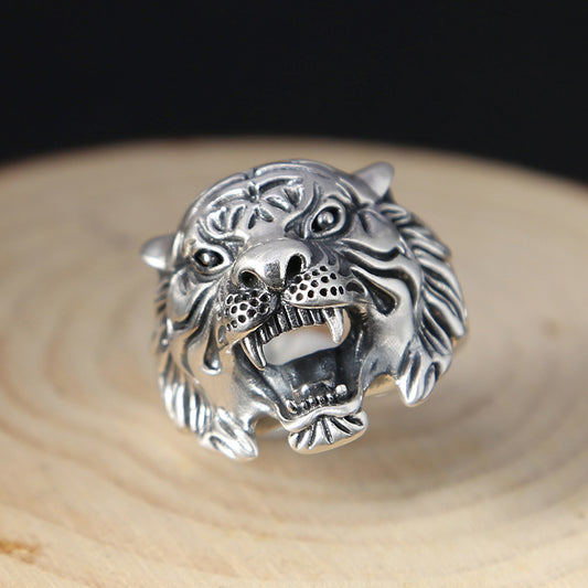 Anillo de Plata Tailandesa Tigre Blanco - Diseño Exagerado para Dedo Índice