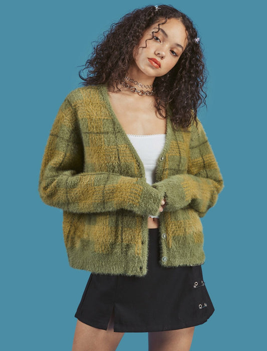 Cardigan Retro Coreano de Cuadros con Diseño Delicado para Mujer