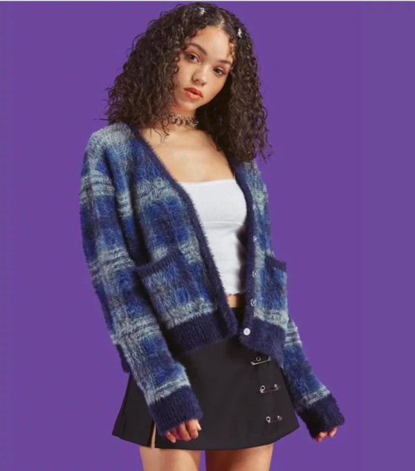 Cardigan Retro Coreano de Cuadros con Diseño Delicado para Mujer
