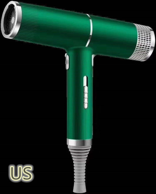 Green and silver compact hair dryer with a T-shaped design, featuring multiple control buttons and a ribbed cord protector. - Image 10