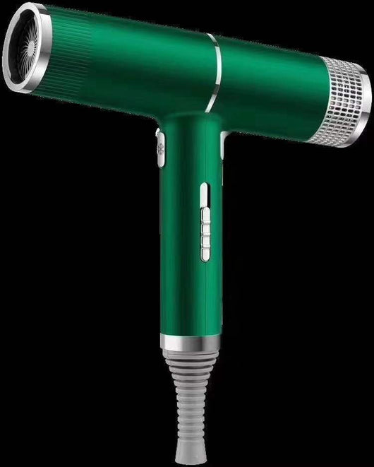 Green and silver compact hair dryer with a T-shaped design, featuring multiple control buttons and a ribbed cord protector. - Image 15