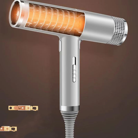 Green and silver compact hair dryer with a T-shaped design, featuring multiple control buttons and a ribbed cord protector. - Image 16