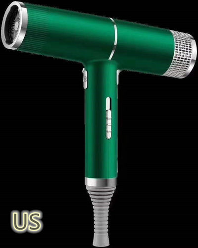 Green and silver compact hair dryer with a T-shaped design, featuring multiple control buttons and a ribbed cord protector. - Image 3