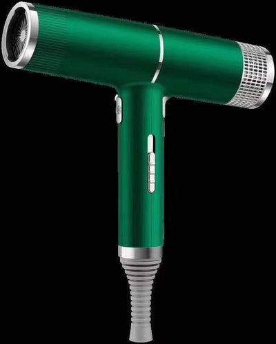Green and silver compact hair dryer with a T-shaped design, featuring multiple control buttons and a ribbed cord protector. - Image 9