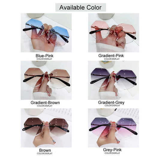 Ladies' cut-edge polygonal sunglasses with gradient purple-to-pink lenses and black temples, held by a hand. - Image 3