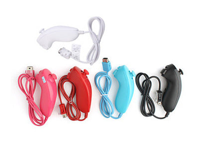 Black Nunchuk controller for Nintendo Wii, featuring an analog stick, C and Z buttons, and a connecting cable.