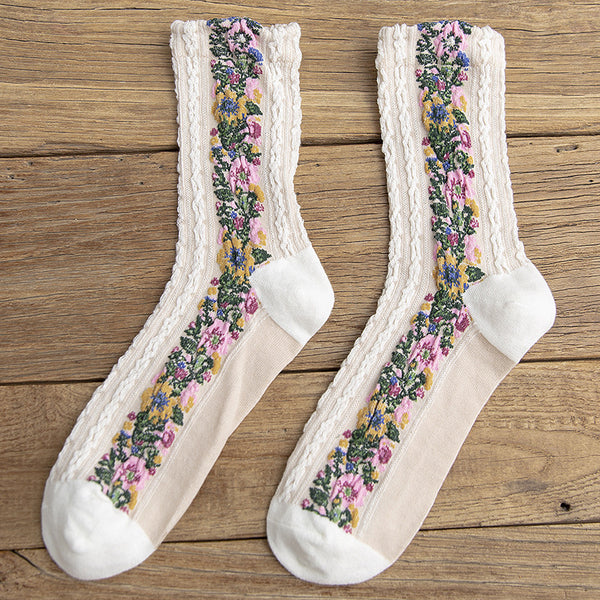 Calcetines Retro de Algodón con Patrón Lino para Mujer