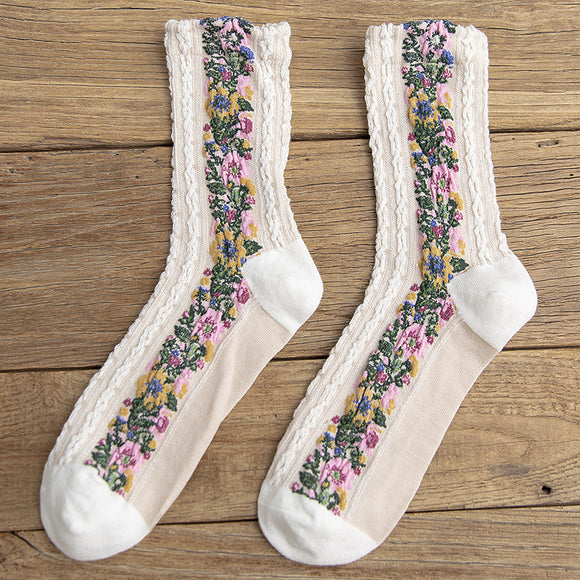 Calcetines Retro de Algodón con Patrón Lino para Mujer