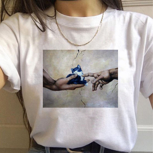 Playera Gráfica Harajuku para Mujer - Estilo Gato Urbano Manga Corta