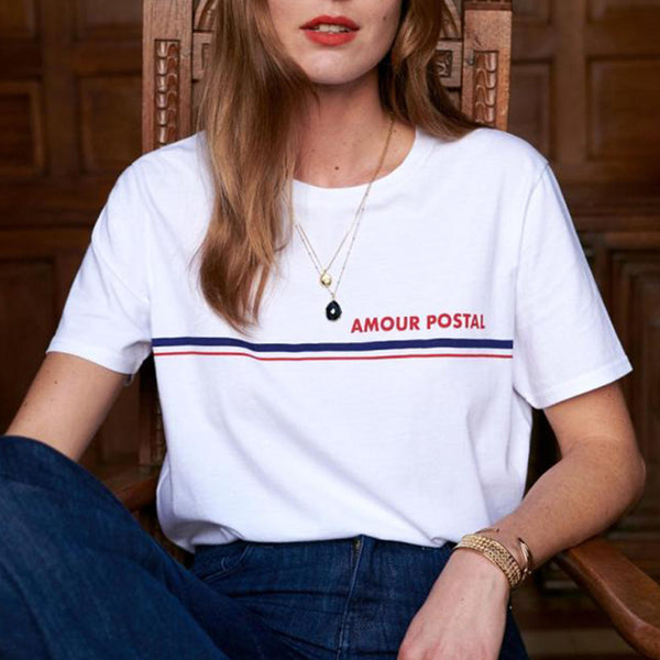 Camiseta de Algodón Estilo Náutico Retro Francés con Letras
