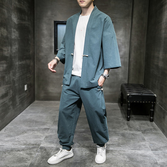 Traje Lino Estilo Chino Hombre Verano - Cardigan Hanfu Protección Solar Talla Grande