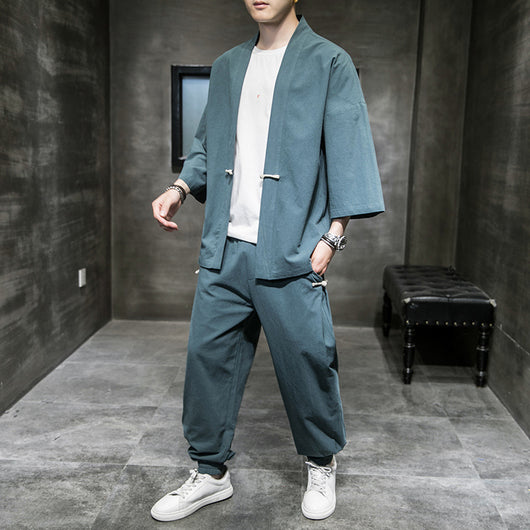 Traje Lino Estilo Chino Hombre Verano - Cardigan Hanfu Protección Solar Talla Grande