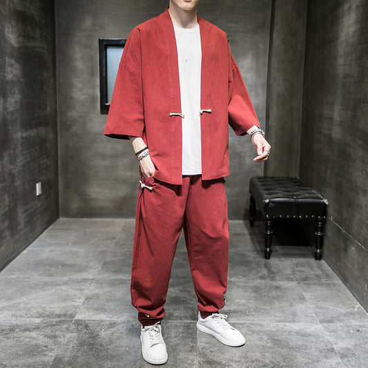 Traje Lino Estilo Chino Hombre Verano - Cardigan Hanfu Protección Solar Talla Grande - Image 2