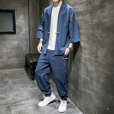 Traje Lino Estilo Chino Hombre Verano - Cardigan Hanfu Protección Solar Talla Grande - Image 3