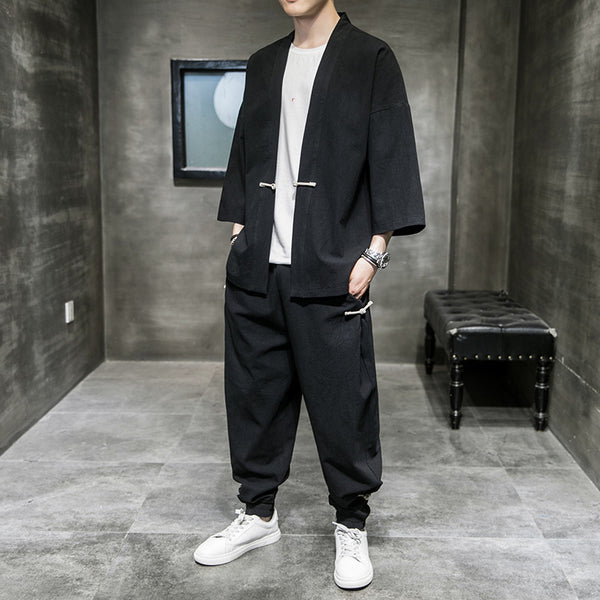 Traje Lino Estilo Chino Hombre Verano - Cardigan Hanfu Protección Solar Talla Grande - Image 4