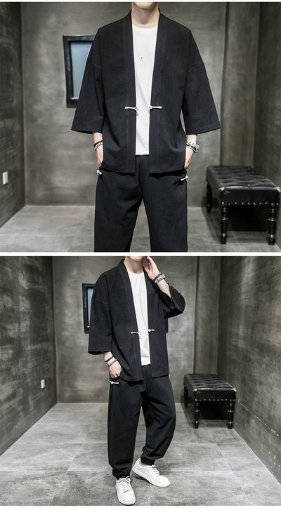 Traje Lino Estilo Chino Hombre Verano - Cardigan Hanfu Protección Solar Talla Grande - Image 5
