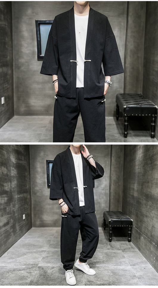 Traje Lino Estilo Chino Hombre Verano - Cardigan Hanfu Protección Solar Talla Grande - Image 5