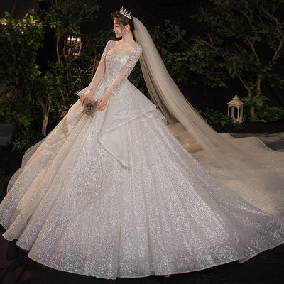 Vestido de Novia Largo Elegante con Mangas Retro y Cola Francesa - Image 8