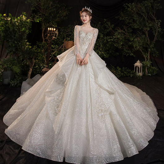 Vestido de Novia Largo Elegante con Mangas Retro y Cola Francesa - Image 3