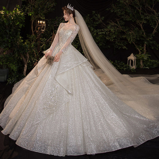 Vestido de Novia Largo Elegante con Mangas Retro y Cola Francesa - Image 2