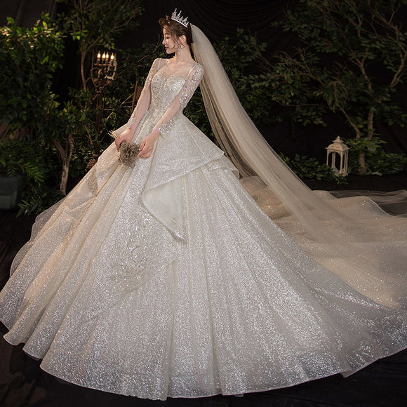 Elegant Long Wedding Dress with Retro Sleeves and French Train
