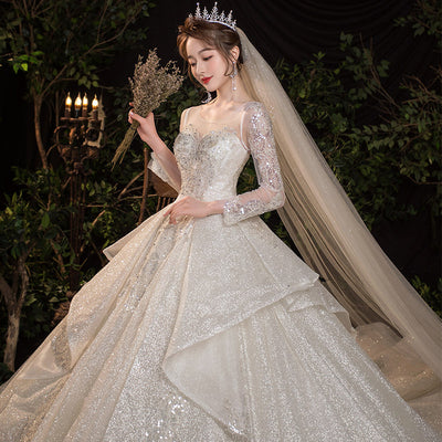 Vestido de Novia Largo Elegante con Mangas Retro y Cola Francesa