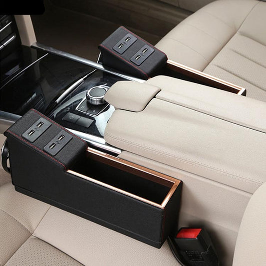 Organizador de Asiento de Auto con Soporte de Bebidas, Caja de Monedas y Carga USB