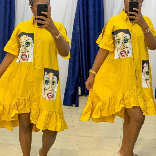 Vestido Camisero Holgado con Volantes Estampado Africano para Mujer - Image 9