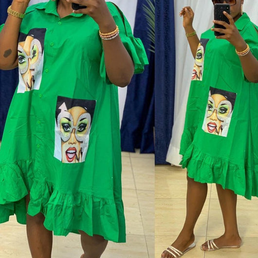 Vestido Camisero Holgado con Volantes Estampado Africano para Mujer - Image 7