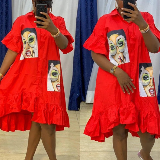 Vestido Camisero Holgado con Volantes Estampado Africano para Mujer - Image 10